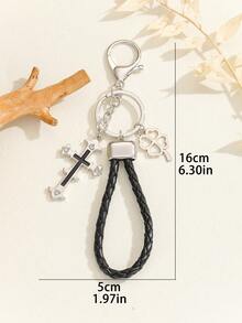 1pc Vintage Cool Oil Drop Cross Keychain, Handmade Braided Leather Key Ring Decoration - Multicolor - View 2