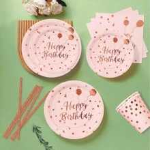 84 件玫瑰金生日派对用品套装，烫金一次性餐盘，7/9 英寸粉色底座玫瑰金派对盘子，烫金一次性纸盘、杯子和餐巾套装，适用于生日派对装饰