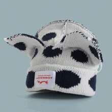 1入組女士彩點設計毛線帽,帽子可愛兔耳朵卡通圖案,保暖輕盈有彈性 - 黑與白 - 查看 7