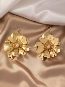 1 对不对称几何花形仿珍珠镶嵌吊坠耳环，具有欧美流行复古夸张的奢华感，情人节、妈妈、母亲、母亲节、礼物 - 金黃色 - 查看 5