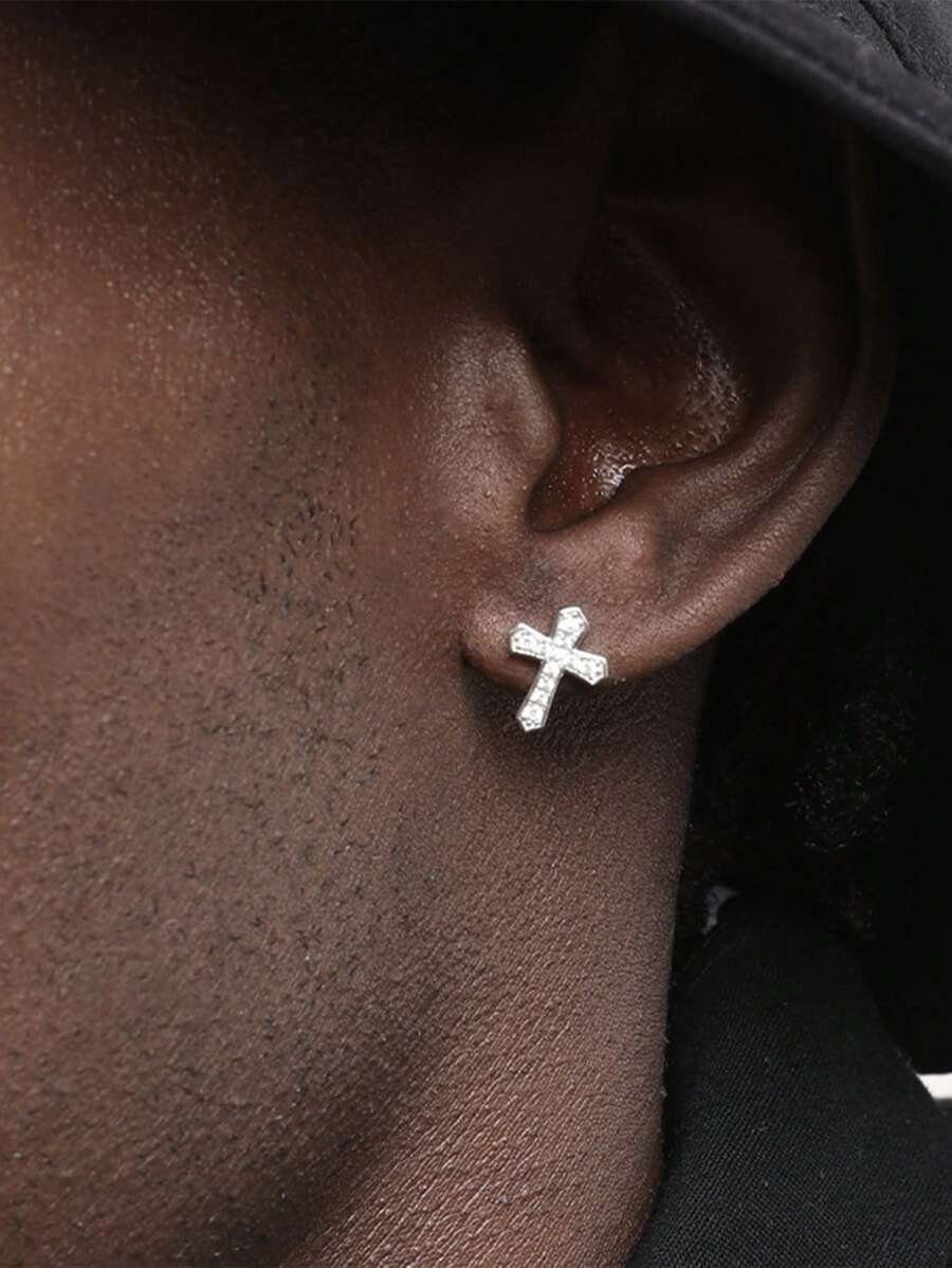 1pc Men's Full Diamond Cross Earring, Hip Hop Style Micro Inlaid Zirconia All-Match Ear Accessory - Silver - View 1