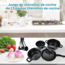 Juego de 13 ollas y sartenes de hierro fundido, Multifuncional ollas de cocina con Espátula, utensilios de cocina antiadherentes con utensilios para Navidad, cocina, inducción, camping, parrilla de huevos - Negro - Ver 9
