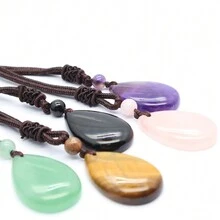 Teardrop Shape Crystal Pendant Necklace, Natural Stone Pendants For Diy Jewelry Making, Including Rose Quartz, Tiger Eye Stone, Serpentine, Obsidian, Clear Crystal, Amethyst - Purple - View 3