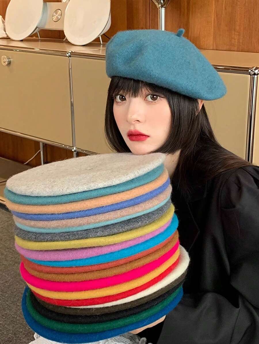 1顶女士百搭贝雷帽，保暖画家帽，复古英伦风，简约设计，适合日常佩戴，秋冬季 - 彩色 - 查看 1