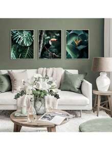 CPWAD 6款北歐現代簡約風格綠色森林風景藝術印刷品,豹子大象牆藝術,綠色植物葉花油畫牆藝術,適用於臥室、辦公室、牆壁裝飾,不帶畫框 - 杏色 - 查看 3