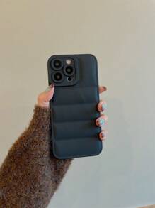 1pc Black Spray Painted Down Jacket Style Phone Case, Drop Protection, Electroplated Large Camera Hole, Compatible With IPhone Models - Black - View 4