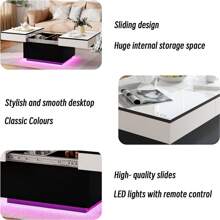Coffee Table White High Gloss With LED, Extendable Coffee Table, High Gloss Finish, Living Room Table With 2 Storage Spaces, LED Coffee Tables For Living Room With 20 Colors Lights, Middle,White And Black - Black and White - View 7