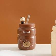 3pcs Cute Bear Design Ceramic Cup With Lid & Straw, Personalized Cartoon Animal Mug, Gift Mug For Coffee, Tea, Beverage - A Little Bear Beige - View 3