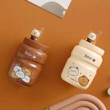 3pcs Cute Bear Design Ceramic Cup With Lid & Straw, Personalized Cartoon Animal Mug, Gift Mug For Coffee, Tea, Beverage - A Little Bear Beige - View 4