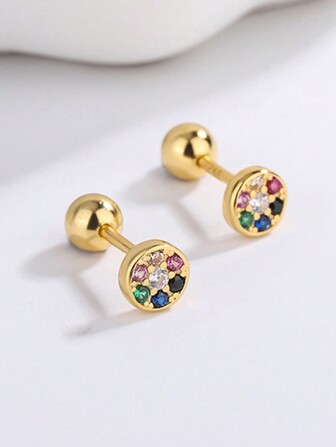 HuooNew 1pair European And American Style 925 Sterling Silver Round Cubic Zirconia Inlaid Earrings For Men And Women, Daily Wear