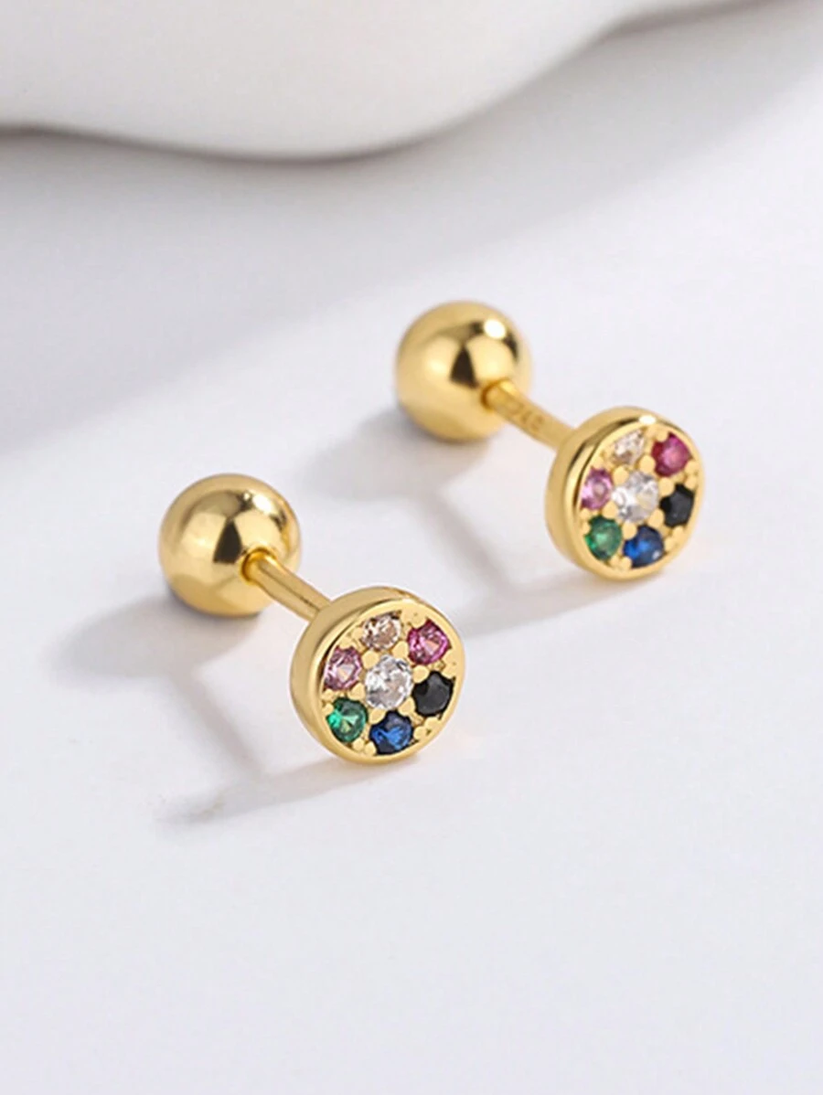 HuooNew 1對歐美風格925純銀鍍鈦鋯石圓形嵌入式耳環,男女均適用,日常穿戴 - 金黃色 - 查看 1