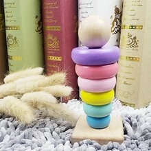 1件原木小圓柱套裝兒童智力彩虹塔馬卡龍色木製玩具塔 - 彩色 - 查看 3