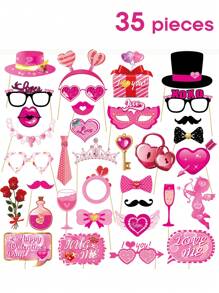 35 Pcs Valentine's Day Photo Booth Props Happy Heart Selfie Photo Booth Props, Pink Valentine Creative Funny Party Decoration Supplies For Holiday Wedding Engagement Anniversary DIY Craft - Pink - View 1