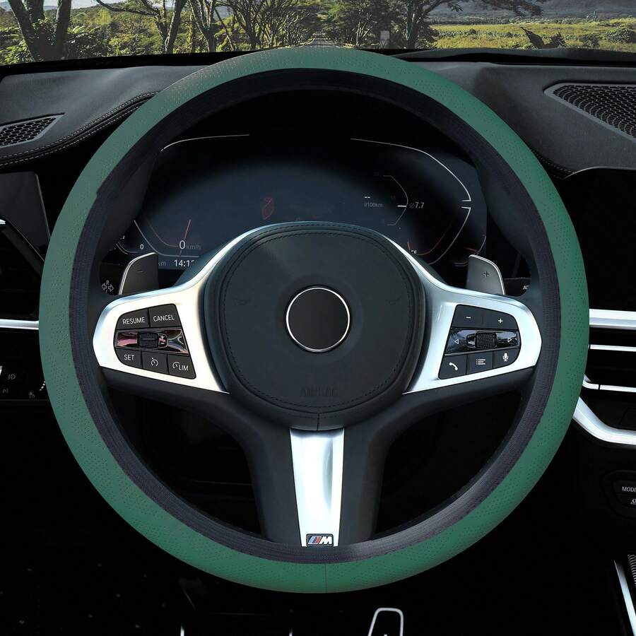Universal 14.5-15 Inches Steering Wheel Cover, Grid Diamond Embossed Colorful Fashion,  Leather, Non-Slip And Sweat-Resistant - Green - View 1