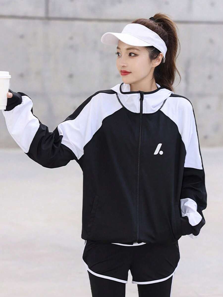 女士戶外運動奔跑長袖彩色連帽運動套衫 - 黑與白 - 查看 1