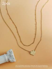 2入組/件簡約時尚304不銹鋼14k金雙層心形&圓形紋理吊墜項鍊,適合女性日常穿著和聚會,珠寶禮物 - 心/2pcs - 查看 9