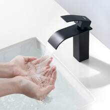 Grifo de Lavabo Cascada Negro, Auralum Monomando Grifo lavabo con caño 114mm en Acero Inoxidable, Mezclador de Agua Caliente y Fría, Grifo para Lavabo de Baño, Sin Salpicaduras