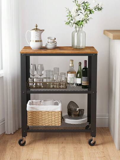 VASAGLE Carrello di Servizio Rustico, Carrello Cucina a 3 Piani, Portaoggetti Pesante, con Ripiano in Legno, Rotelle, per Cucina e Soggiorno, Vintage, Nero