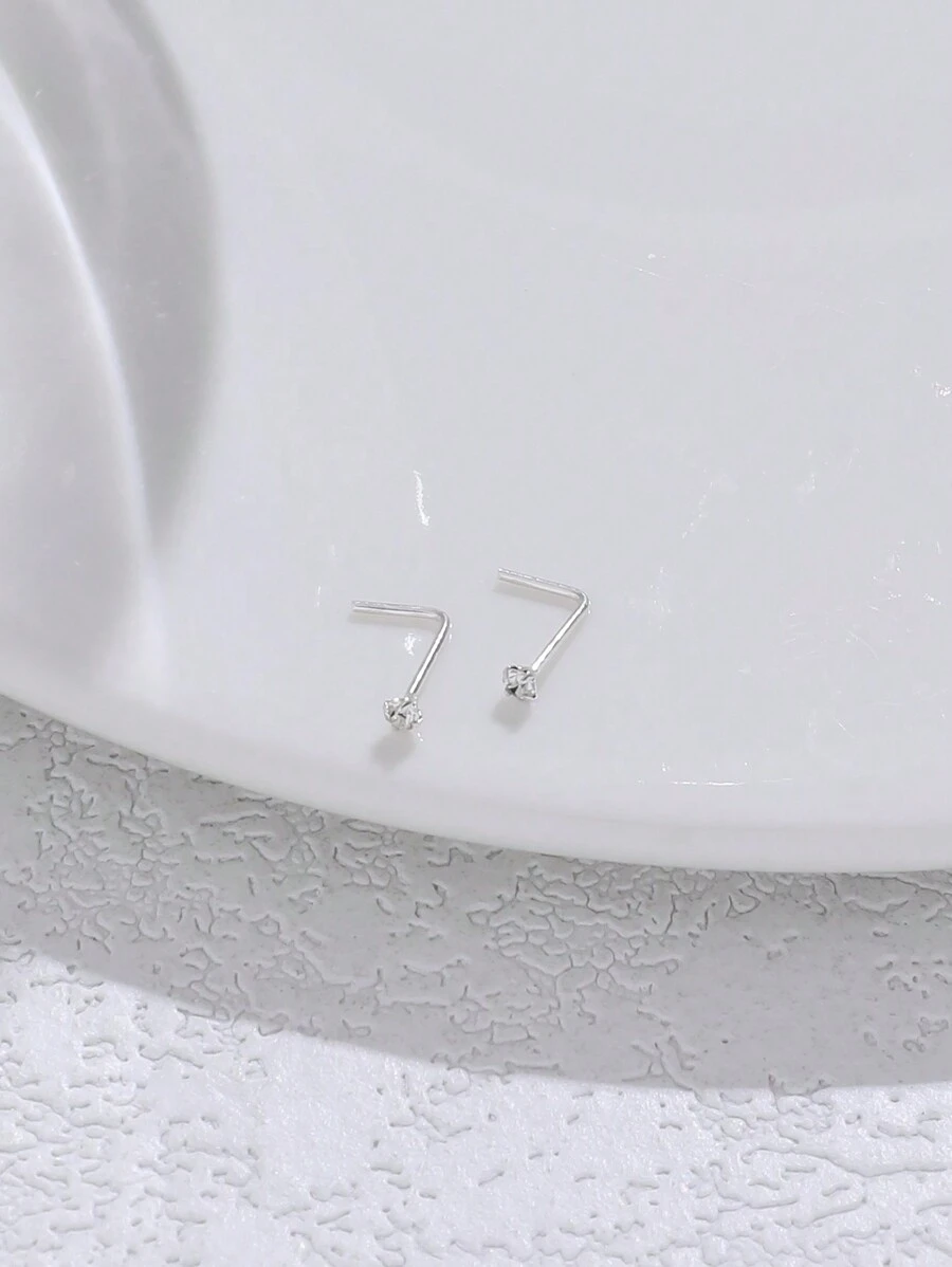 2pcs 925 Sterling Silver Nose Stud 2.0mm Clear Crystal Lshape Nez Piercing