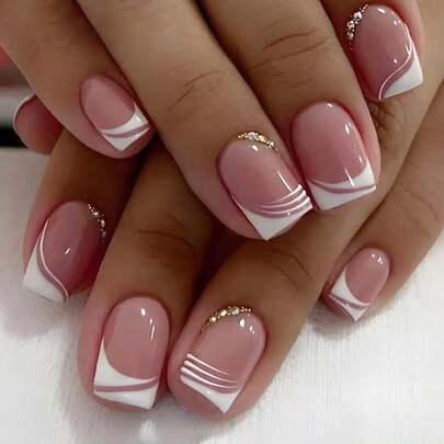 Juego completo de 24 piezas de uñas postizas, elegantes uñas press-on acrílicas francesas cortas con ombré rosa brillante con 1 hoja de gelatina adhesiva y 1 lima de uñas suministros de uñas uñas falsas uña falsa uña acrílica