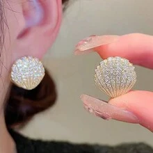 1 par de pendientes de cobre microincrustad con concha de perla estilo francés de lujo, adecuados para banquetes, fiestas, festivales, clubes nocturnos y uso diario de mujeres ( directa de fábrica)