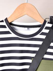 Vihyde 3Pcs Boys Striped Crew Neck Short Sleeve T-Shirt, Military Green Joggers Pants & Diagonal Zipper Messenger Bag Set