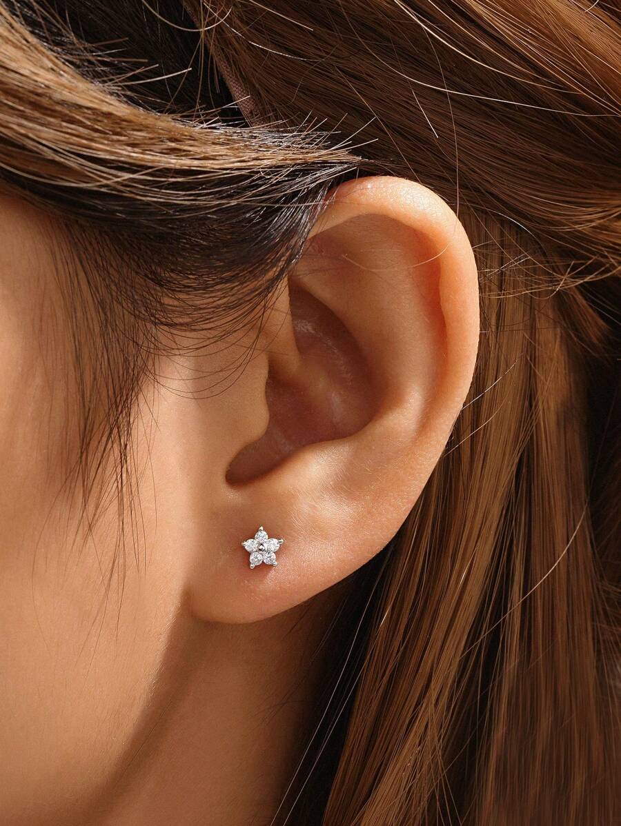 1PC Simple Petals 925 Sterling Silver Earring For Women Stud Earrings Cartilage Fine Jewelry Wedding Party 18K Gold 2023 Gifts - Silver - View 1
