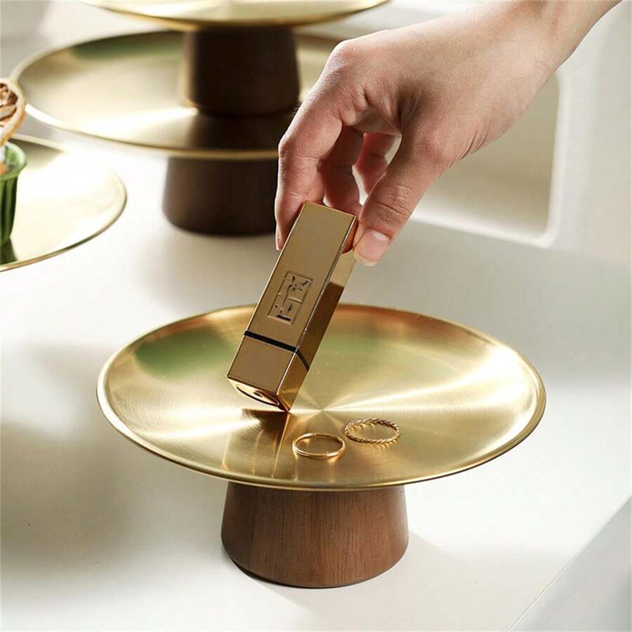 Luxury Stainless Steel Fruit Tray, HighFooted Acacia Wood Cake Stand For Living Room Coffee