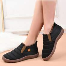 女士冬季保暖内衬软底雪地靴，一脚蹬户外休闲运动鞋，便宜厚底防滑防水雨靴，保暖 - 卡其色 - 查看 10