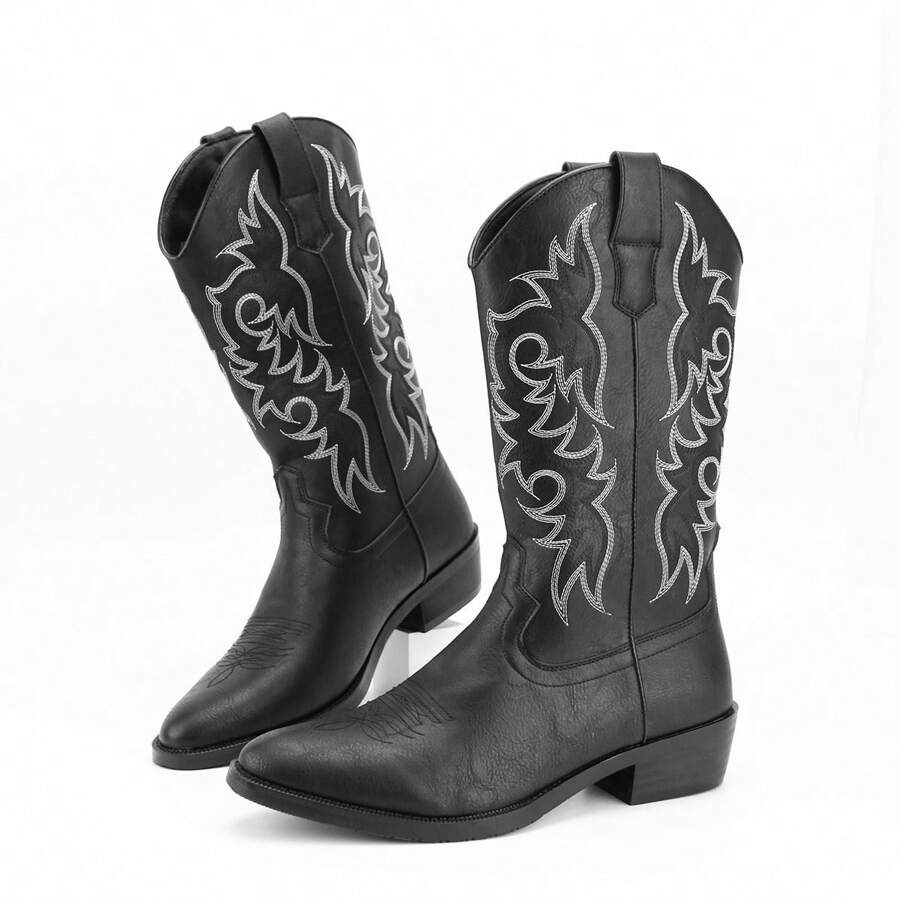 Men's Retro Embroidered Cowboy Boots Pointed Toe High Top Fashionable Desert Western Boots - Black - View 1