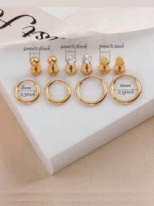5對時尚立體氧化鋯球小耳釘,女士不銹鋼18k金鍍小環釘耳環套裝,適用於軟骨、耳垂、耳疝穿刺派對禮物珠寶 - 金黃色 - 查看 4