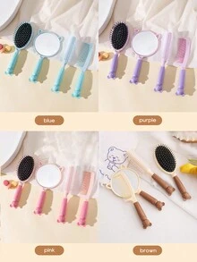4 件套小姐可愛卡通松鼠圖案髮刷和鏡子套裝,家用頭皮按摩梳,咖啡棕色/粉紅色/紫色/藍色 - 松鼠四件式梳子,鏡子 - 查看 2