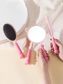 4 件套小姐可愛卡通松鼠圖案髮刷和鏡子套裝,家用頭皮按摩梳,咖啡棕色/粉紅色/紫色/藍色 - 松鼠四件式梳子,鏡子 - 查看 9