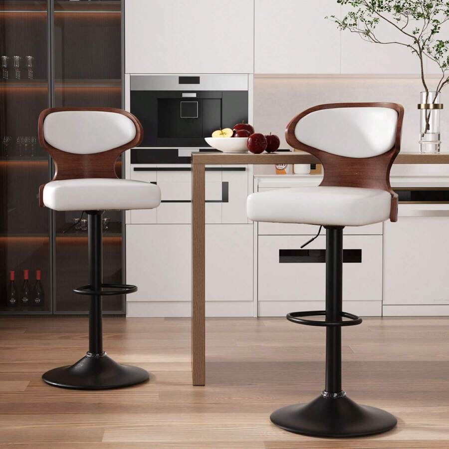 Nalupatio Bar Stools Set Of 2 Seat Adjustable Height 24.5-33.5IN - Bentwood Swivel Barstools With Back & Footrest - PU Leather Upholstered Bar Chair For Bar, Kitchen, Dining Room - 白色 - 查看 1