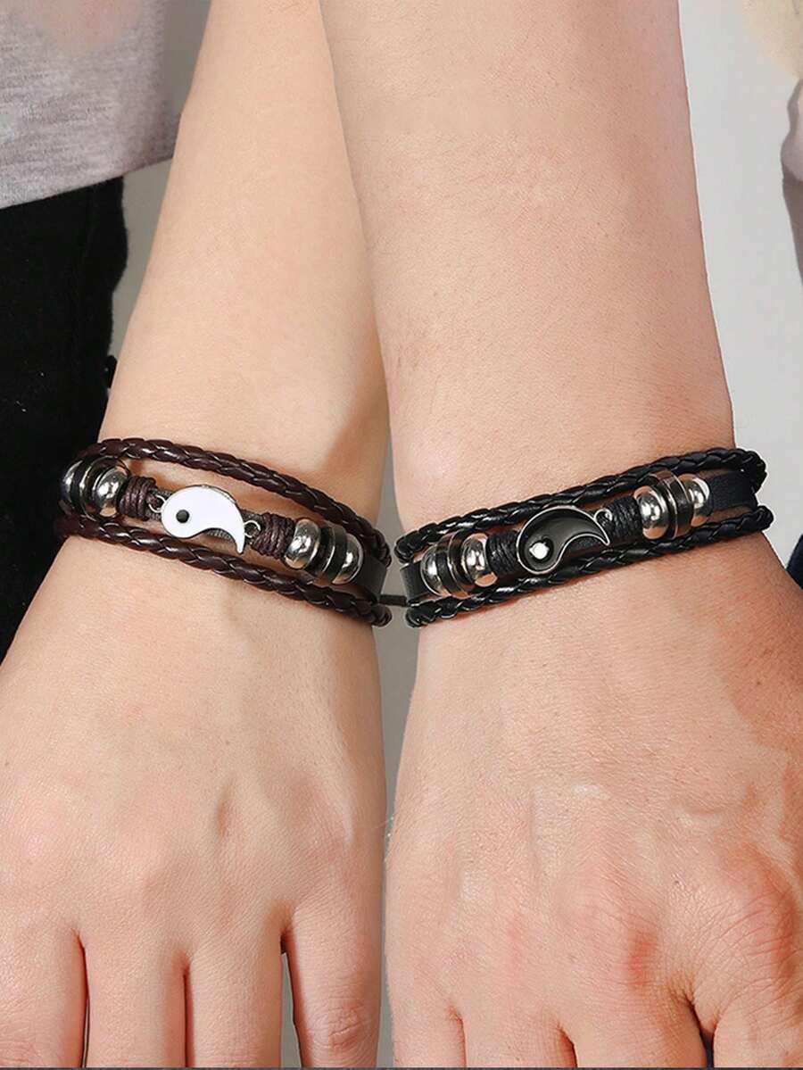 1pair Vintage Style Creative Diy Gossip Design Couple Bracelet Set, Adjustable For Lovers, Perfect For Valentine's Day - Multicolor - View 1