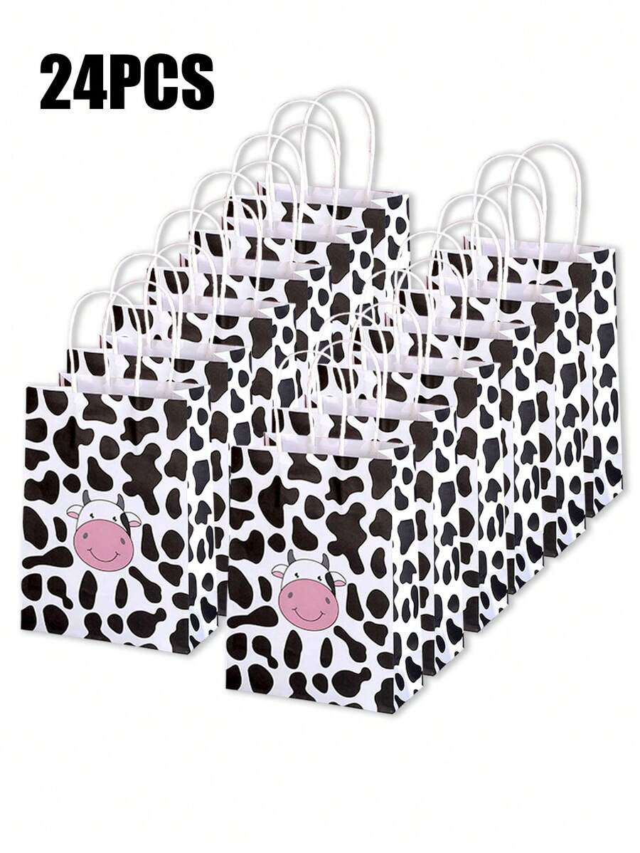 24pcs Cow Printed Kraft Paper Bags, Cowhide Gift Bag With Handle For Parties, Shopping, Birthday, Wedding, Retail, Back To School Valentine Day - Black and White 24PCS - View 1