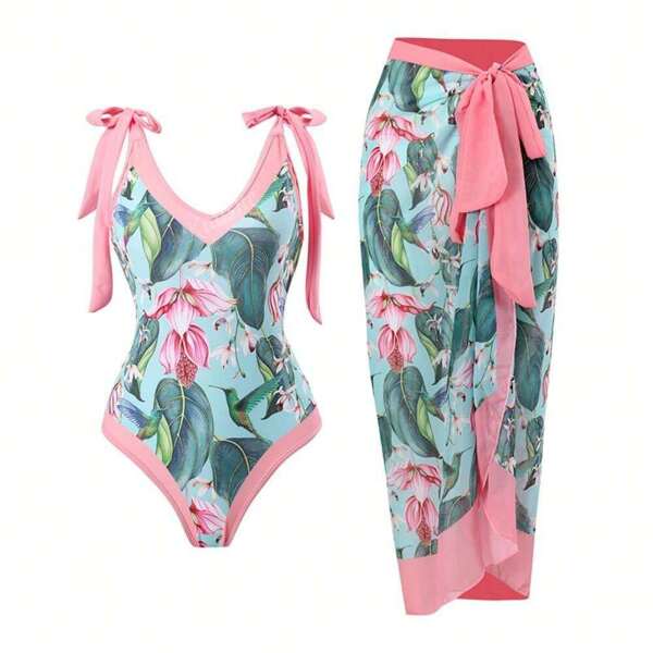 Floral Print Holiday Beach Hot Spring Swimsuit French Vintage Swimsuit And Cover-Up Skirt, The Lower Skirt Is A Free-Size Skirt Summer
