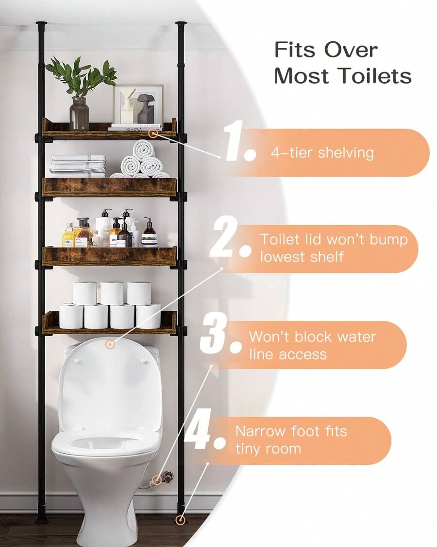 ALLZONE Over The Toilet Storage, 4Tier Adjustable Wood Shelves For