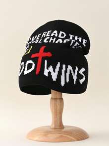 1pc Y2k Style Gothic Letter God Wins Knitted Hat, Warm & Fashionable Beanie Unisex For Outdoor Activities, Shopping, Party, Traveling - Black - View 3