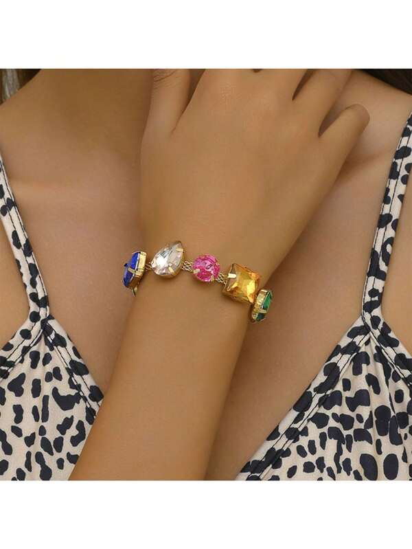 1pc Women'S Exaggerated Geometric Rhinestone Simple Chain Bracelet