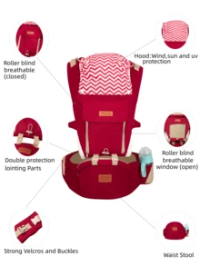 多功能保暖防風嬰兒背帶腰凳前後兩用戶外便攜背帶 - 酒紅色 - 查看 3