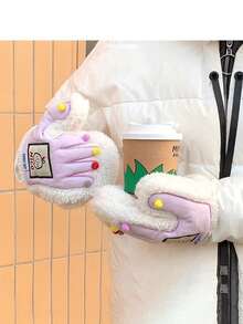 冬季電動自行車騎行暖和的厚絨毛防寒可愛學生多巴胺半指手套女款 - 紫色 - 查看 3