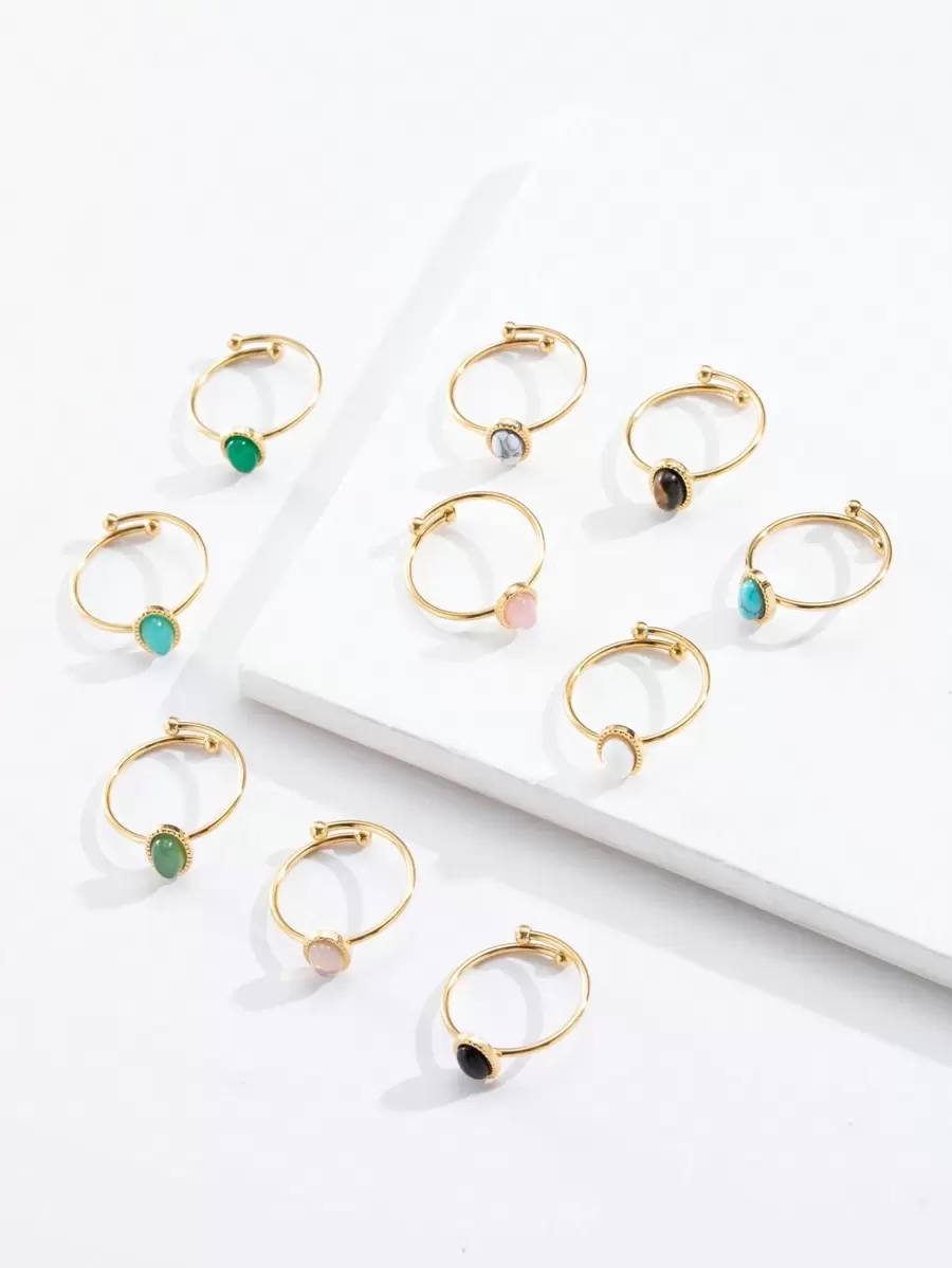 1 件新鍍 18k 金天然綠松石鍊式不銹鋼女士戒指 - 橢圓 - 查看 1