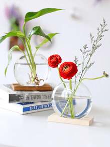 1入組桌面圓形玻璃盆栽,有木質支架的玻璃花瓶,可用於繁殖小型水培植物家居辦公室裝飾