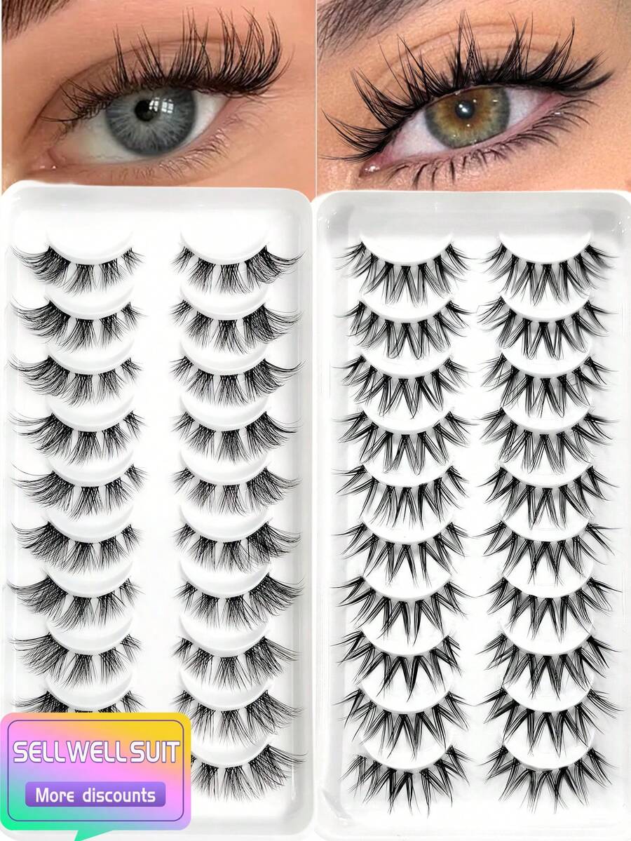 Asiteo 20pcs/Set New Arrival & Best Selling Natural Looking Cluster False Eyelashes, Short Stem Transparent Lashes With Cartoon Eye Makeup Effect, Suitable For Creating Cartoon Style Makeup, Especially Suitable For Vacation - Black - View 1