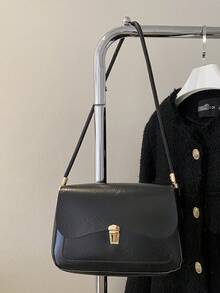 1pc Black Shoulder Crossbody Bag With Metal Lock Decoration, Retro Design And Simple Style, Suitable For Women'S Daily Use, Dating, Valentine'S Day Gift - Black - View 2