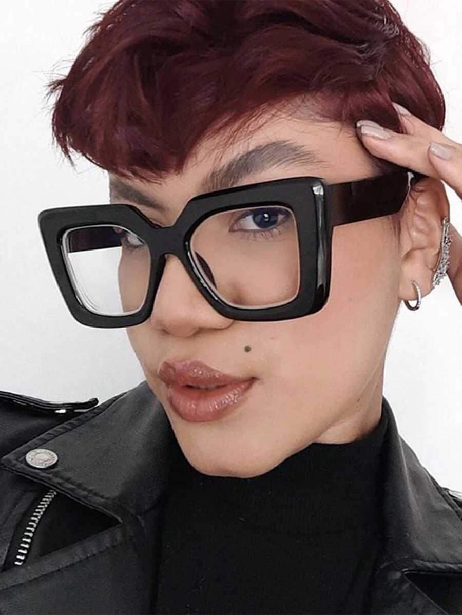 方形平光镜片大框ins风街头潮流个性眼镜框可配近视镜片 - 黑色 - 查看 1