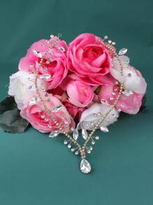 1pc Bridal Simple Crystal Inlaid Hair Comb With Waterdrop Hairband, Symmetrical Forehead Chain & Hair Accessories For Updo Hairstyle Royal Tiaras Valentine's Day Accessories,Wedding Hair Accessories - Gold - View 2