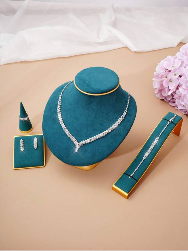 Set 5 Pezzi Di Collana, Orecchini, Anello E Braccialetto In Zircone Di Alta Qualità Adatti A Donne Per Matrimoni, Compleanni, Festività, E Feste