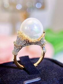 1 件独特混合两枚镀金微镶嵌闪亮方晶锆石可调节珍珠戒指优雅新娘结婚珠宝 - 彩色 - 查看 2